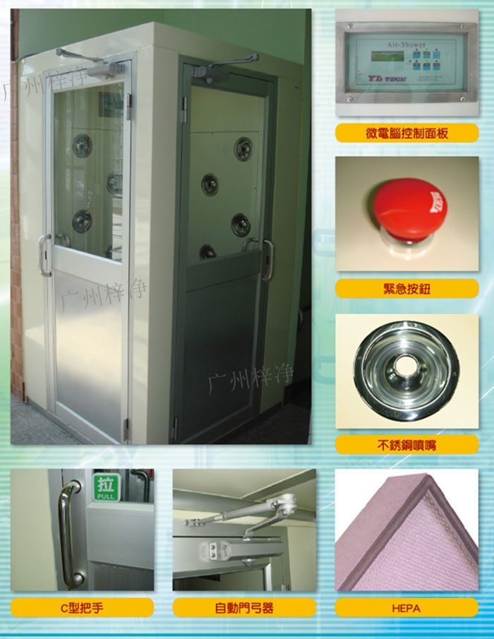 轉(zhuǎn)角風(fēng)淋室吹淋原理:初效過濾器--離心風(fēng)機(jī)--靜壓箱--高效過濾器--噴嘴高速噴出--內(nèi)循環(huán)風(fēng)。
